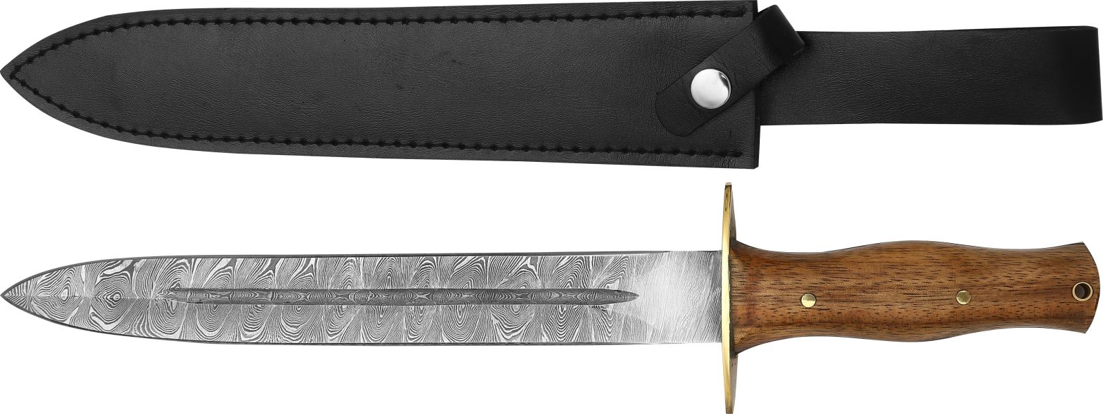 Damascus Fixed Blade Dagger Knife with Brass Guard & Walnut Wood Handle – 13 cm Handle, Leather Case Included