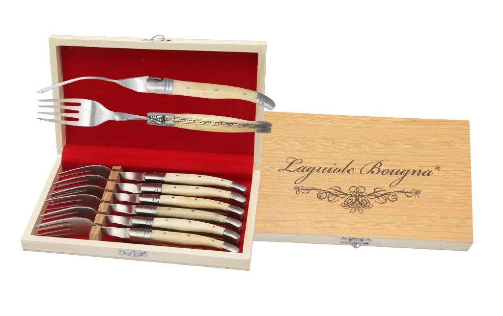 White Bone Handle Table Fork Set – 12 cm Handle, Set of 6 with Sharpening Steel