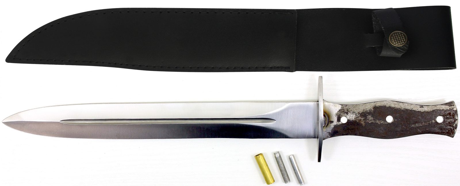 Stainless steel dagger blade blank with fitted guard, bare tang and loose mounting rivets, shown with black leather sheath