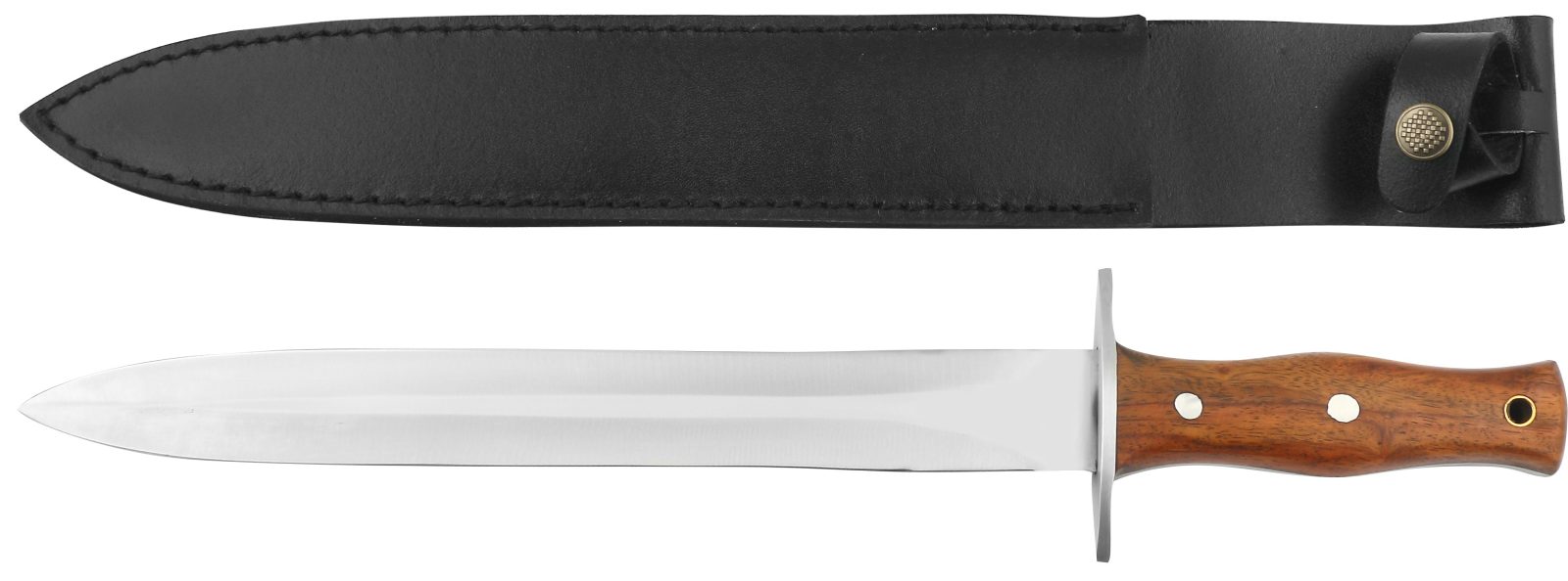 Double-edged dagger with steel guard and dark wood handle, shown with black leather sheath