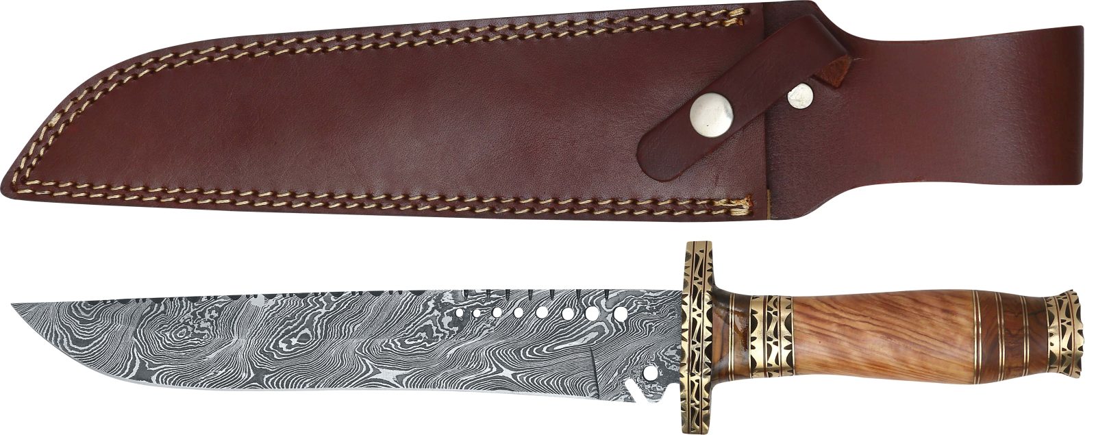 Damascus Fixed Blade Knife with Engraved Brass Fittings & Teak Wood Handle – 14 cm Handle, Leather Case Included
