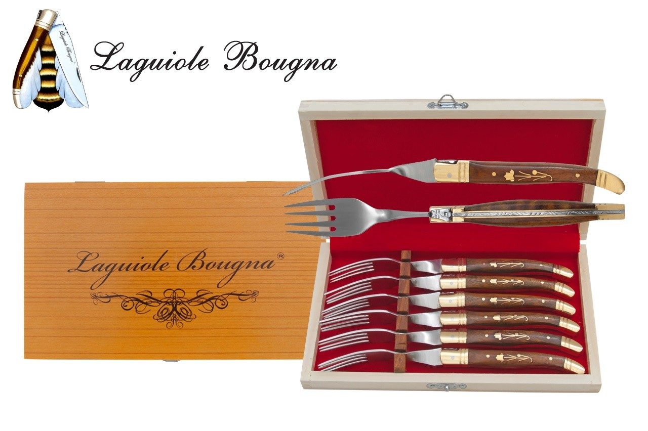 Acacia Wood Handle Table Knife & Fork Set with Brass Floral Inlay – 12 cm Handle, Set of 12