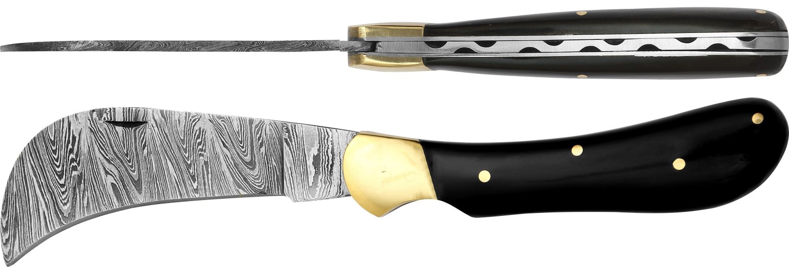 Damascus Blade Pruning Knife with Black Horn Handle – 10 cm Handle, Brass Bolster