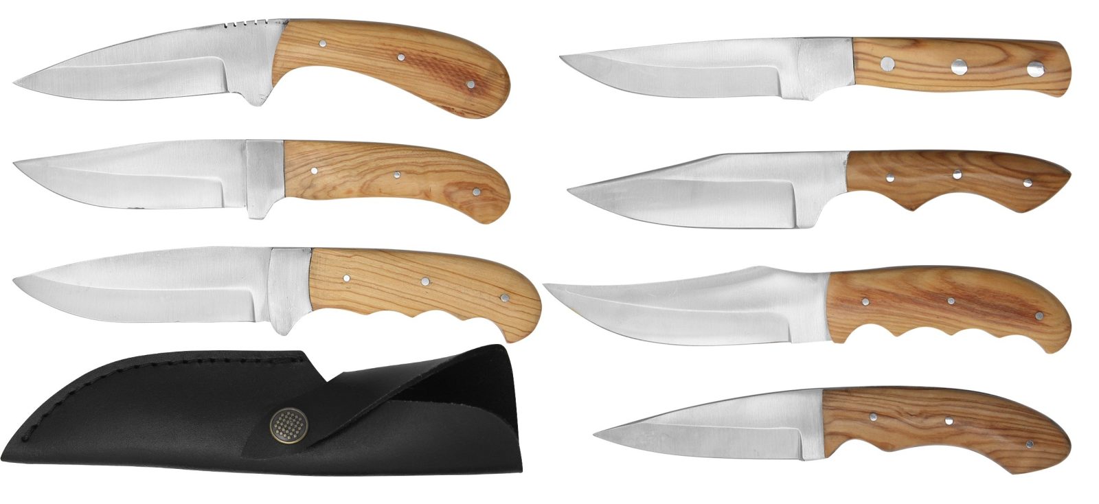 Seven fixed-blade knives with olive wood handles in assorted blade shapes, shown with a black leather case