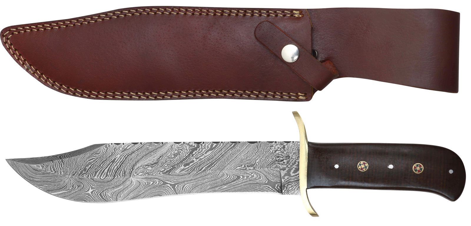 Damascus Fixed Blade Knife with Gem-Accent Micarta Handle – 12.5 cm Handle, Leather Case Included