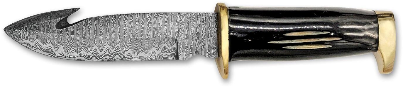 Damascus Skinning Knife with Gut Hook, Black Horn Handle & Pearl Inlay – 10.5 cm Handle, Leather Case Included