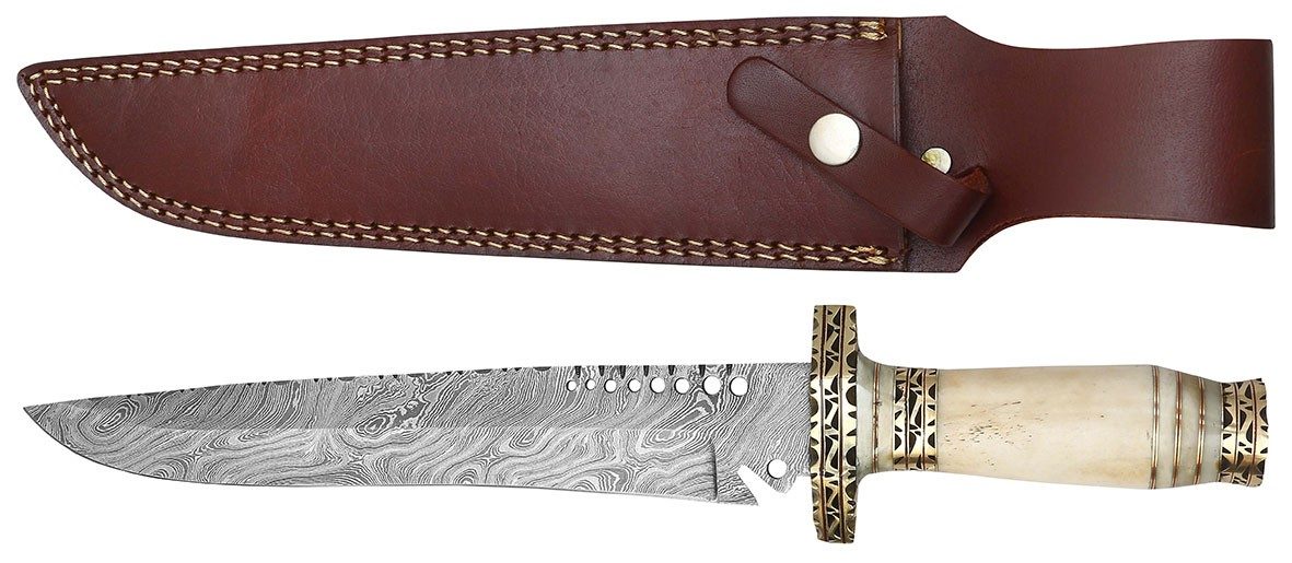 Damascus Fixed Blade Knife with Engraved Brass Fittings & White Bone Handle – 14 cm Handle, Leather Case Included