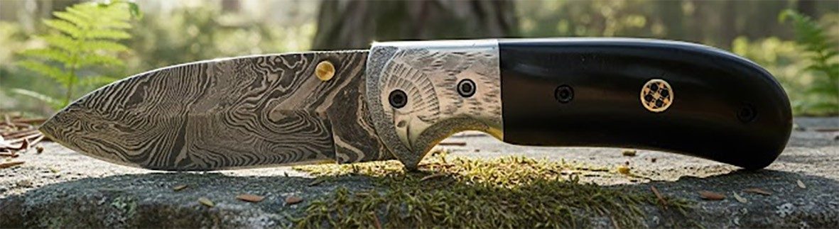 Damascus Blade Folding Knife with Sculpted Eagle Bolster & Black Horn Handle – 12 cm Handle, Wooden Box Included