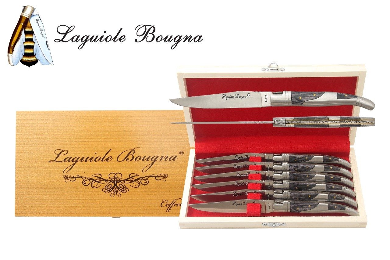 Charcoal Dyed Wood Handle Table Knife Set – 12 cm Handle, Set of 6 with Sharpening Steel