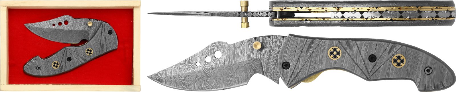 Damascus Blade Folding Knife with Skeletonized Steel Handle – 11 cm Handle, Wooden Box Included