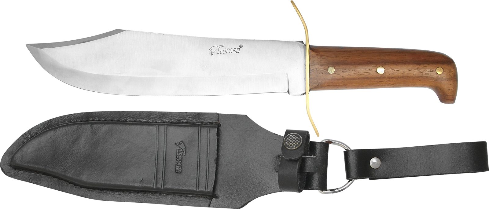Bowie knife with brass spine guard and acacia wood handle, shown with black leather sheath