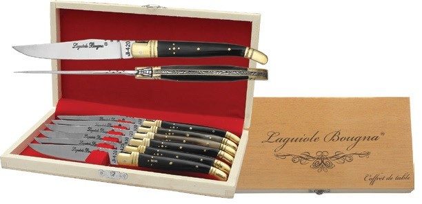 Black Horn Handle Table Knife Set – 12 cm Handle, Brass Bolster, Set of 6 with Sharpening Steel