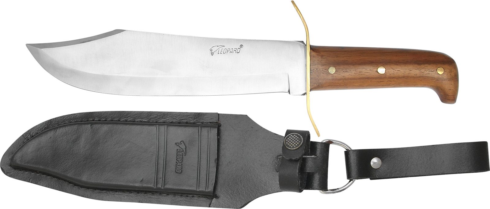 Fixed Blade Bowie Knife with Brass Spine Guard & Rich Wood Handle – 12.5 cm Handle, Leather Case Included