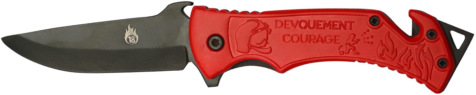 Red Firefighter Motif Rescue Folding Knife – 12.5 cm Handle, Glass Breaker & Belt Cutter