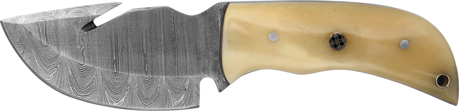 Damascus Fixed Blade Skinning Knife with Gut Hook & White Bone Handle – 11 cm Handle, Leather Case Included