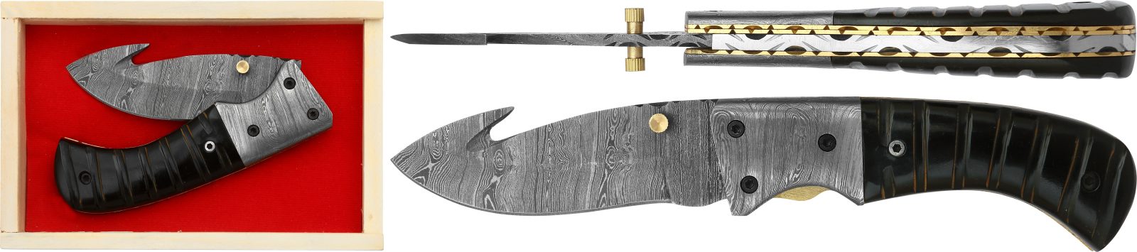Damascus Blade Skinning Knife with Black Horn Handle – 11 cm Handle, Wooden Box Included