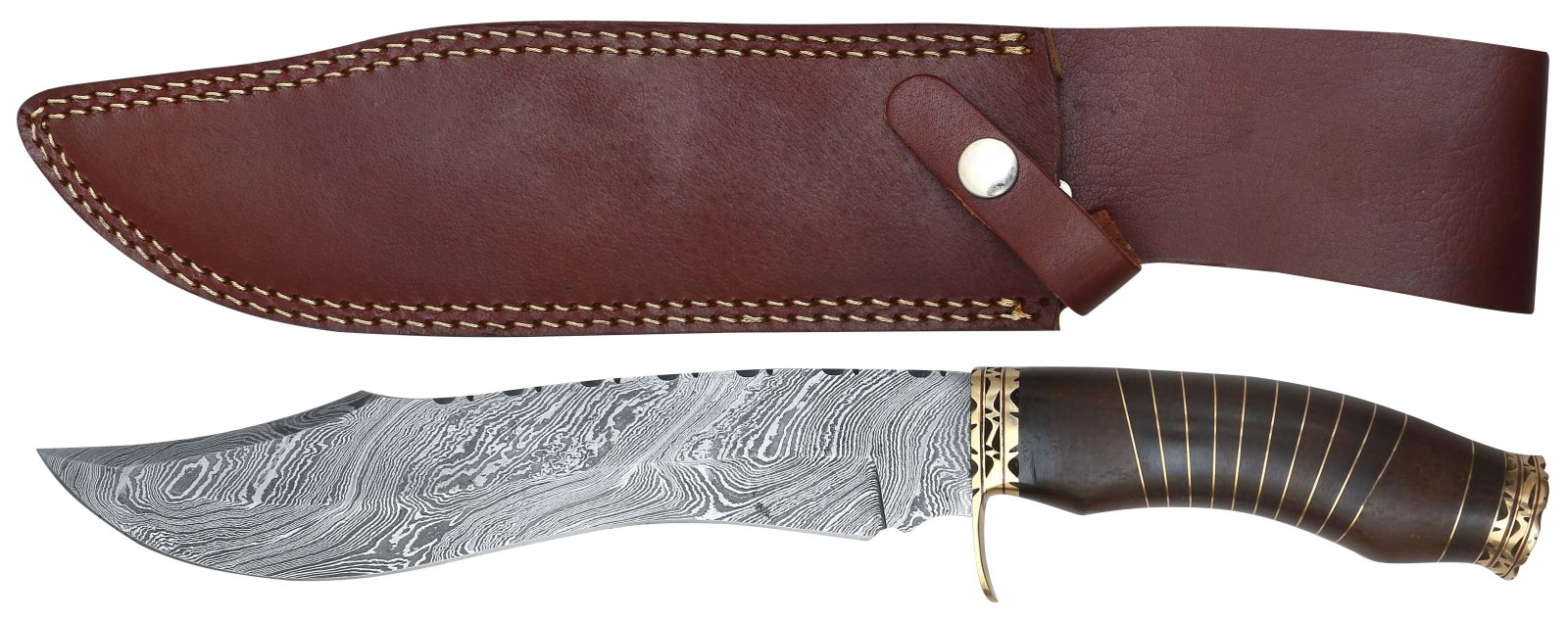 Damascus Fixed Blade Knife with Brass-Wrapped Walnut Wood Handle – 12.5 cm Handle, Leather Case Included
