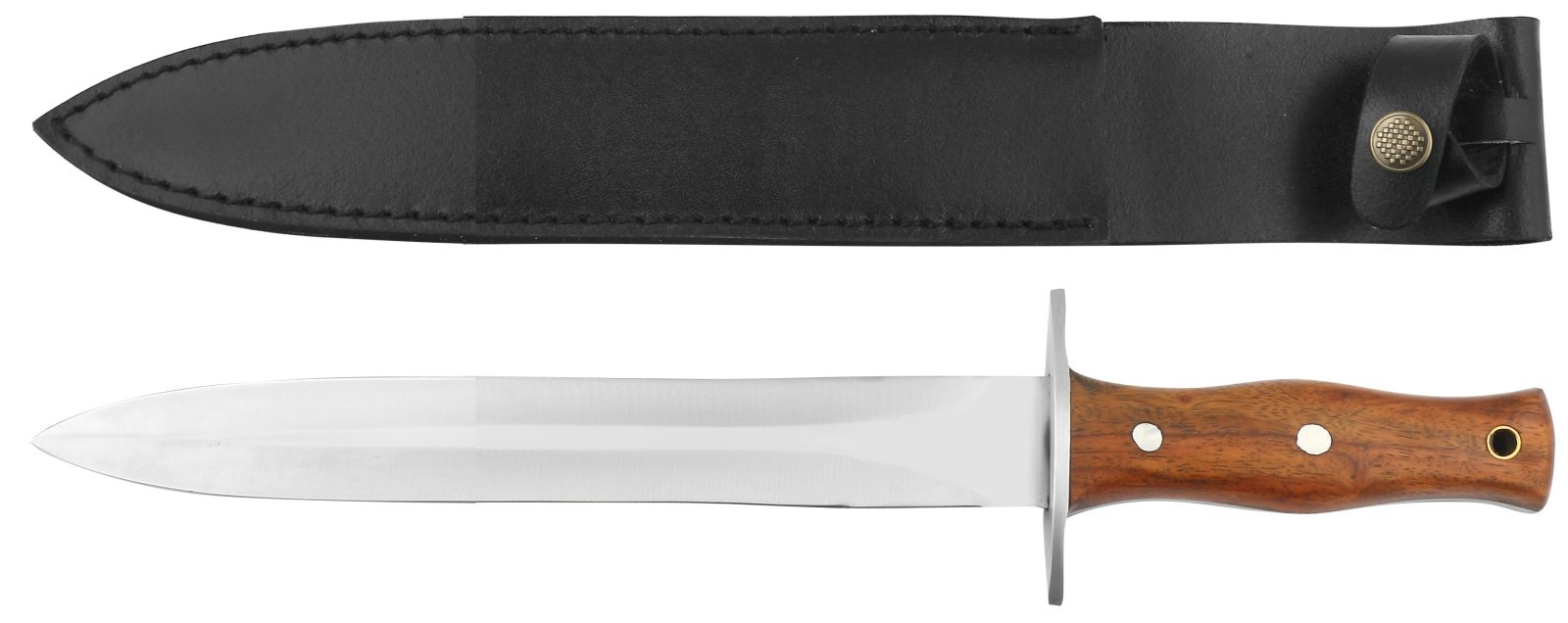 Fixed Blade Dagger Knife with Steel Guard & Dark Wood Handle – 11.5 cm Handle, Leather Case Included