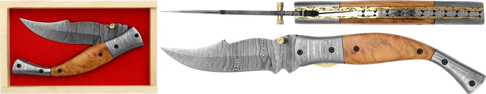 Damascus Blade & Bolster Folding Knife with Teak Wood Handle – 13.5 cm Handle, Wooden Box Included