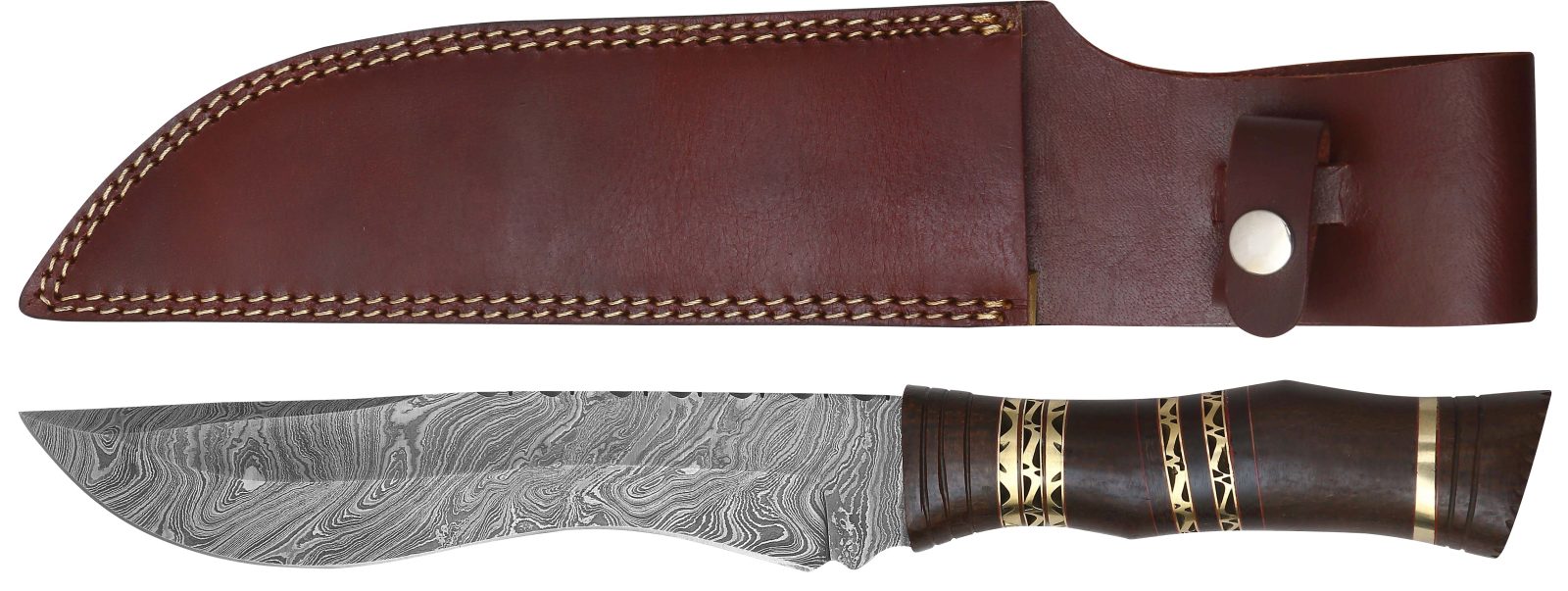 Damascus Fixed Blade Knife with Brass Filigree & Walnut Wood Handle – 15 cm Handle, Leather Case Included