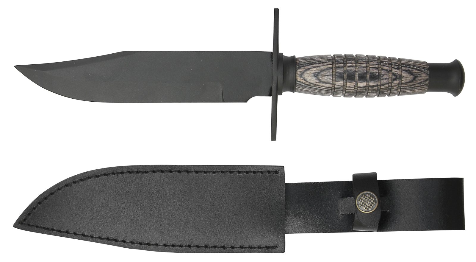Black Tactical Fixed Blade Knife with Ringed Wood Grip – 12.5 cm Handle, Leather Case Included