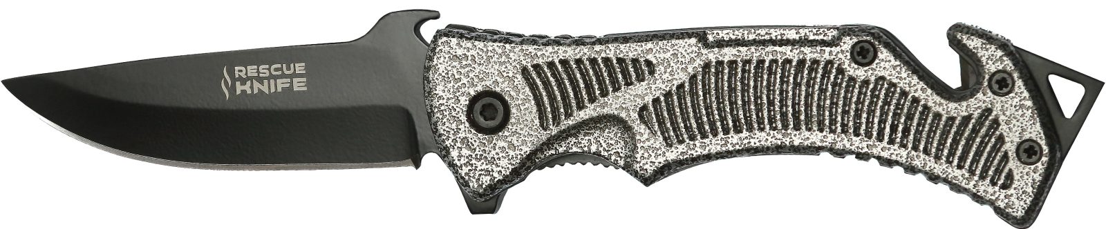 Stone-Wash Grey Grip Rescue Folding Knife – 12.5 cm Handle, Glass Breaker & Belt Cutter
