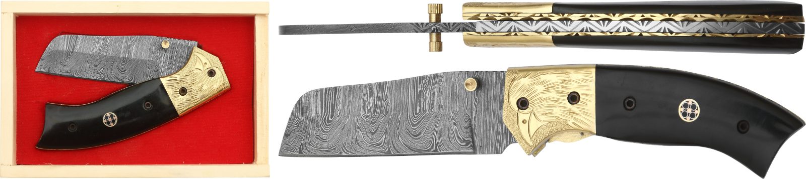 Damascus Blade Folding Knife with Eagle-Head Bolster & Black Horn Handle – 11.5 cm Handle, Wooden Box Included