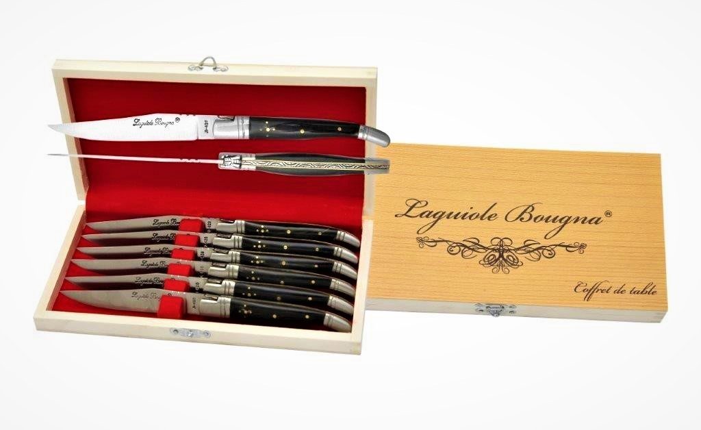 Black Horn Handle Table Knife Set – 12 cm Handle, Set of 6 with Sharpening Steel