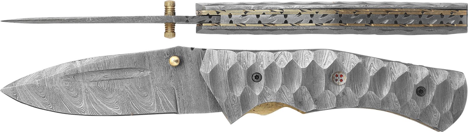 Damascus Blade Folding Knife with Sculpted All-Steel Handle – 12 cm Handle, Wooden Box Included