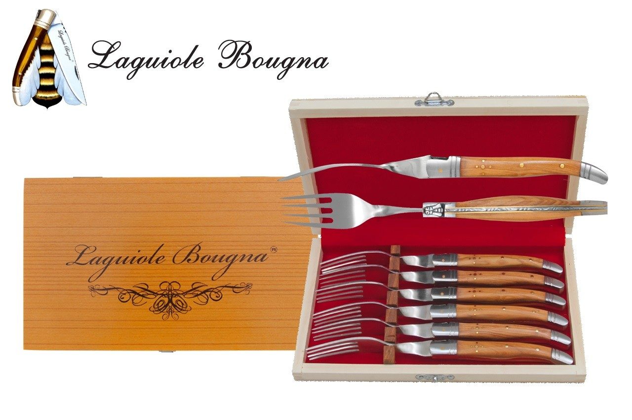Teak Wood Handle Table Fork Set – 12 cm Handle, Set of 6 with Sharpening Steel