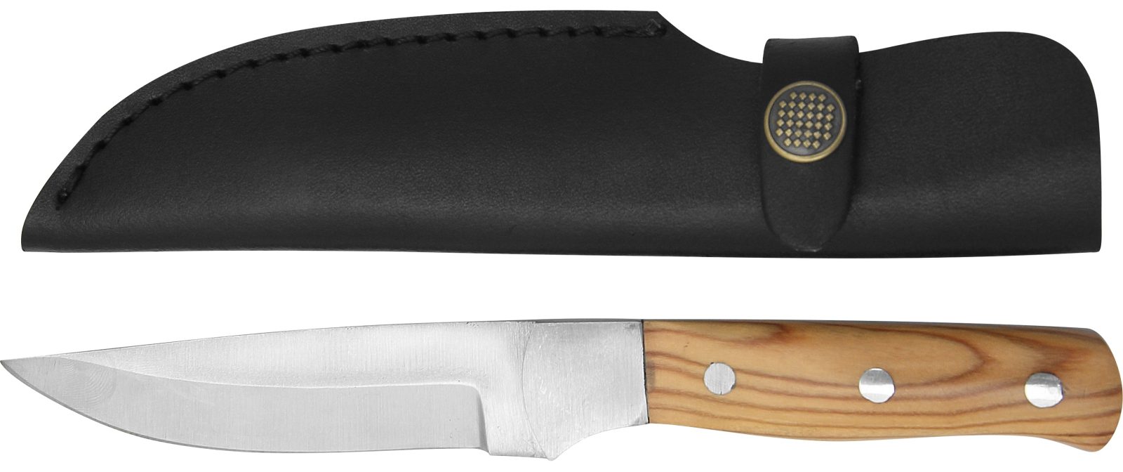 Olive wood handle fixed-blade knife with no bolster, shown with black leather sheath