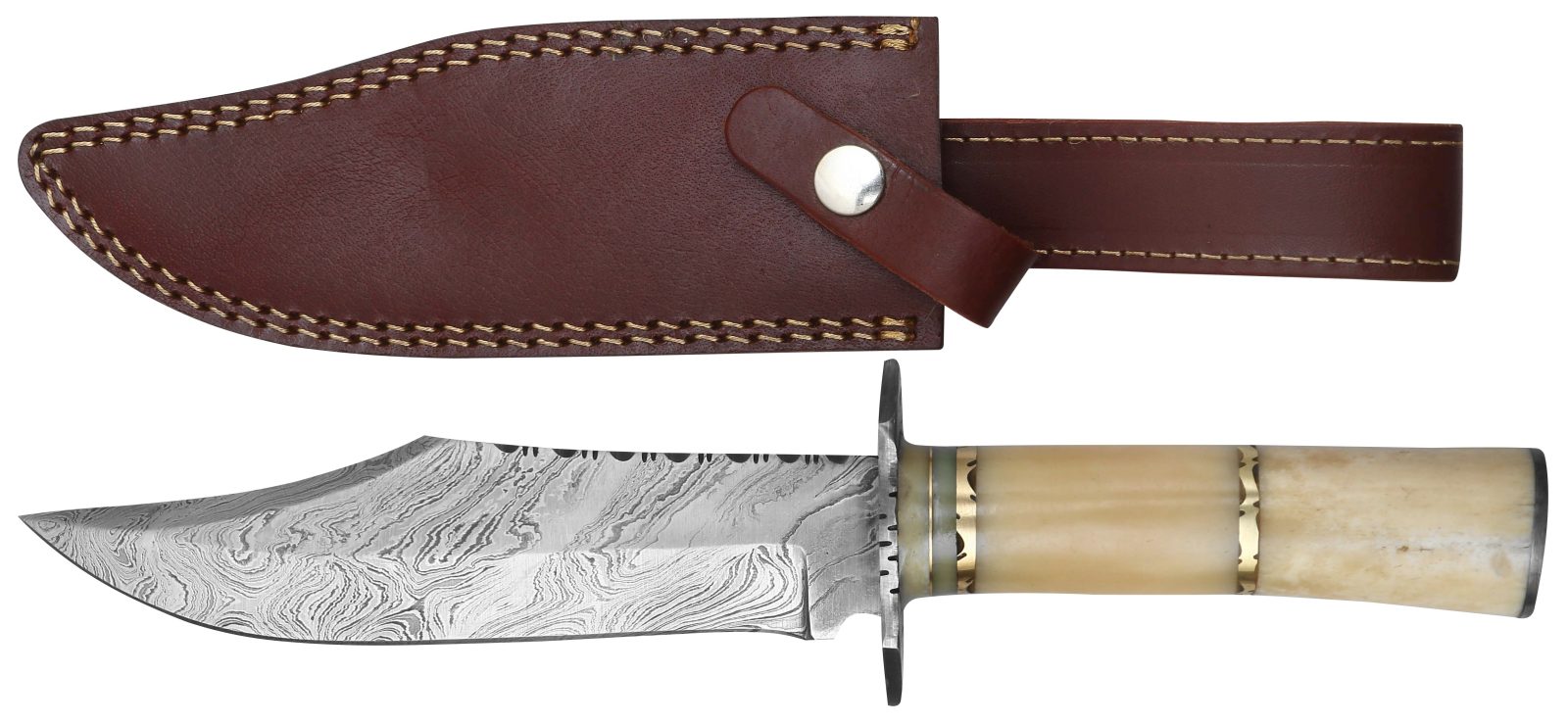 Damascus Fixed Blade Bowie Knife with White Bone Handle & Brass Rings – 12 cm Handle, Leather Case Included